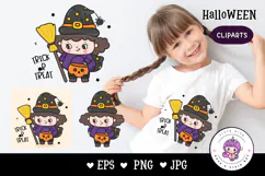Halloween Witch Cute girl Spooky cartoon kawaii clipart Product Image 1