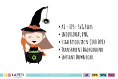 Halloween witch graphics with a cheerful kid friendly design