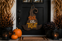 Spooky Halloween graphic featuring a curled witch hat silhouette and dramatic Trick or Treat lettering in warm seasonal colours.