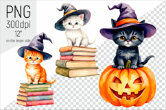 Halloween Witch Kittens Clipart. Perfect for Halloween invitations, sublimation, party decorations, stickers, scrapbooking, and other spooky-season crafts.
