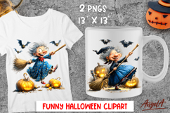 Halloween clipart Elderly lady witch, broomstick, pumpkins Product Image 1