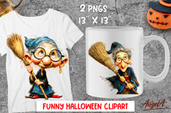 Halloween clipart Elderly lady Cute witch with broomstick Product Image 1