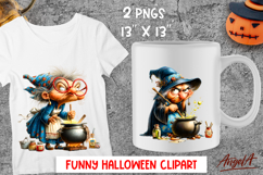 Halloween clipart Elderly cute witch cooking in cauldron png Product Image 1