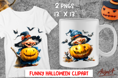 Halloween clipart Elderly cute witch holding a pumpkin PNG Product Image 1
