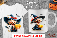 Halloween clipart Elderly cute witch holding a pumpkin PNG Product Image 1
