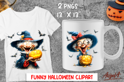 Halloween clipart Elderly cute witch holding a pumpkin PNG Product Image 1