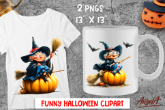 Halloween clipart Elderly cute witch with pumpkin broomstick Product Image 1