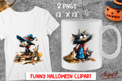 Halloween clipart Cute black cat with witch hat, broomstick Product Image 1