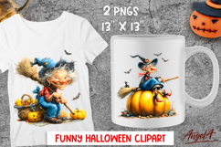 Halloween clipart Elderly witch with broomstick on pumpkin Product Image 1