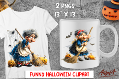 Halloween clipart Elderly lady, cute witch with broomstick Product Image 1