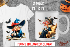 Halloween clipart cute elderly lady, witch drinking tea PNG Product Image 1
