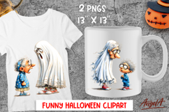 Halloween clipart Cute elderly lady with ghost PNG Product Image 1