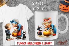 Halloween clipart cute elderly lady with boy, black cat png Product Image 1