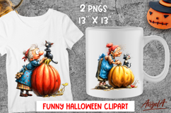 Halloween clipart cute elderly lady with black cat, pumpkin Product Image 1