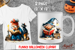 Halloween clipart Cute elderly lady witch reading black cat Product Image 1