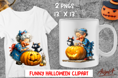 Halloween clipart Funny old lady with pumpkin, black cat PNG Product Image 1