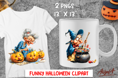 Halloween clipart Funny Witch with cauldron and pumpkin PNG Product Image 1