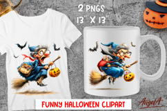 Halloween clipart Elderly lady, cute witch on broomstick PNG Product Image 1