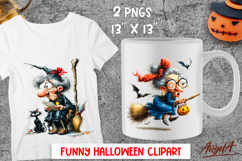 Halloween clipart Elderly lady, cute witch on broomstick PNG Product Image 1