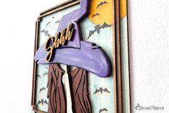 This witch sign features a beautiful witch with bats and moon on the background.