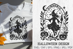 Halloween Witch SVG – gothic stained glass style design featuring a flying witch with broom, surrounded by pumpkins, stars, crescent moon, fire, and gothic frame. Perfect for Halloween crafts, gothic t-shirts, tote bags, mugs, stickers, wall art, and spoo
