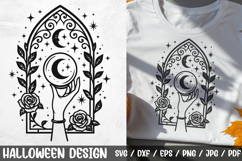 Mystical Gothic SVG design featuring a witch hand holding the moon inside a decorative stained glass frame with roses and stars. Perfect for Halloween shirts, witchy crafts, gothic home decor, stickers, and spiritual projects.