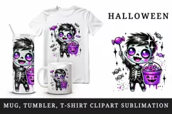 Halloween zombie holding neon purple candy bucket print 20 oz tumbler skinny mug wrap clipart t-shirt sublimation printable design
