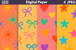 Hand Drawn Digital Paper | Kids Sun Bow Heart Stars Product Image 1