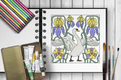 Hand Drawn Swan and Iris Art Nouveau Coloring Page SVG PDF