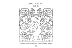 Hand Drawn Swan and Iris Art Nouveau Coloring Page SVG PDF
