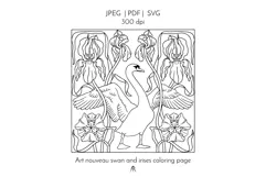 Hand Drawn Swan and Iris Art Nouveau Coloring Page SVG PDF