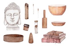 Hand drawn watercolor buddha head, palo santo tree stick, books, cone incense, aroma oil isolated on white