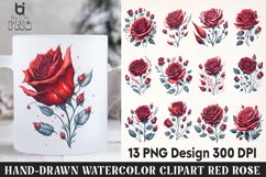 Hand-Drawn Watercolor Red Rose Clipart, Red Rose Mug Design Product Image 1