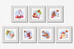 Hand drawn watercolor illustrations of Christmas cards with cake, cookies, wren, wine, ilex, holly, cherry, ice cream, cone, art, holiday ,snow background, berry, merry christmas, new year, christmas desserts, coffee, cap, marshmallow, balls, chocolate