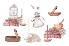 Buddha head, books, stick incense, palo santo, meditation bowl