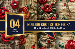 Red Roses Bullion Knot Stitch Floral Design Digital Paper Product Image 1