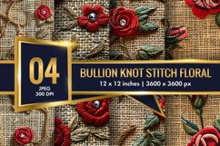Red Roses Bullion Knot Stitch Floral Design Digital Paper Product Image 1