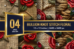 Red Roses Bullion Knot Stitch Floral Design Digital Paper Product Image 1