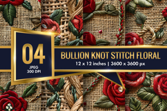 Red Roses Bullion Knot Stitch Floral Design Digital Paper Product Image 1