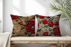 Hand Embroidered Red Roses Bullion Knot Stitch Floral Design Product Image 2