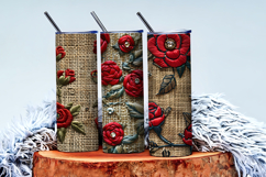 Hand Embroidered Red Roses Bullion Knot Stitch Floral Design Product Image 4