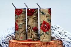 Hand Embroidered Red Roses Bullion Knot Stitch Floral Design Product Image 4