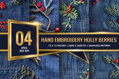 Hand Embroidery Holly Berries Digital Paper Product Image 1