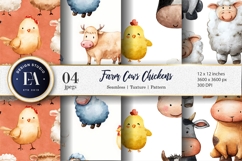 Watercolor Farm Cows and Chickens Seamless Digital Paper Product Image 1