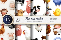 Hand Painted Farm Animals Cows Chickens Digital Paper Product Image 1
