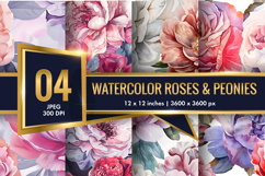 Hand-Painted Watercolor Roses and Peonies Digital Paper Product Image 1