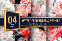 Hand-Painted Watercolor Roses and Peonies Digital Paper Product Image 1