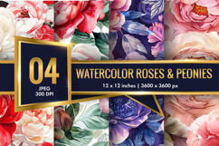 Hand-Painted Watercolor Roses and Peonies Digital Paper Product Image 1