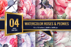 Hand-Painted Watercolor Roses and Peonies Digital Paper Product Image 1