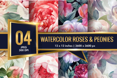 Hand-Painted Watercolor Roses and Peonies Digital Paper Product Image 1